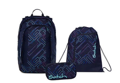 Satch Air Schulrucksack Set 3tlg. (Purple Laser) - Schultaschen-Set mit Schlamperbox und Sportbeutel, aus 100% recycelten PET-Flaschen, ideal für nachhaltigen Schulalltag und viel Platz für Schreibutensilien.