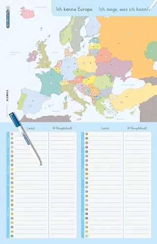 Ich kenne Europa - Länder und Hauptstädte - Lerntafel mit Stift: Für die 2. bis 5. Klasse - Stabile, wiederbeschreibbare Lernvorlage im großen Format, trocken abwischbar ohne zu schmieren