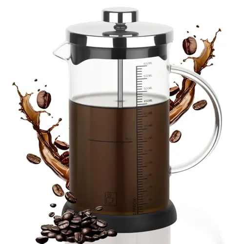 lompyeu French Press，600ml Kaffeekanne mit Permanent Edelstahl Filter, Kaffee Presse, Hitzebeständiges Glas Kaffeepresse für Tee und Kaffeezubereiter, Spülmaschinengeeignet