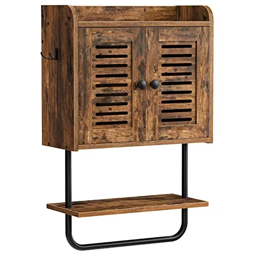 HOOBRO Medizinschrank, Badezimmerschrank, Wandschrank für Badezimmer, Küchenschrank, Badschrank mit Fensterläden und Handtuchhalter, verstellbares Regal, 2 Haken, Vintagebraun und Schwarz EBF46CW01