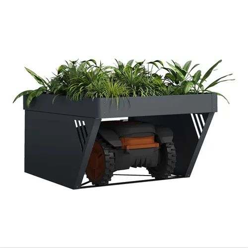 Schartec Rasenmäher Roboter Garage mit Pflanzendach - Zubehör für Gartengeräte – Schützen Sie Ihren Mähroboter stilvoll mit der robusten Garage aus pulverbeschichtetem Stahl und gestalten Sie gleichzeitig Ihr Gartenbild durch ein begrünbares Dach.