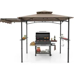 COSTWAY Grillpavillon mit Seitenmarkise, Doppeldach & 2 Seitentischen, wetterfest 318x153x250cm Braun