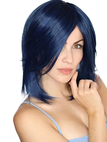 Prettyland blau-schwarz gemischt gesträhnt Mittellange glatte Damen Perücke mit Pony Manga Anime Wig C305