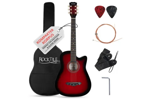 Rocktile WSD-5C-RDB Slim Line Westerngitarren Set - Dreadnought Akustik Gitarre mit Linde Korpus, ideal für Anfänger mit kleinerem Korpus und umfassendem Zubehörpaket