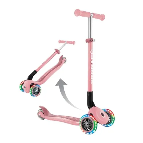 Globber Primo Faltbarer Roller für Kinder - Leuchtende Räder und 2 Jahre Garantie (Pastellrosa) - Kickscooter mit 3-fach höhenverstellbarer T-Stange, leuchtenden Vorderrädern und ergonomischen Lenkergriffen für Sicherheit und Komfort. Ideal für wachsende Kinder!