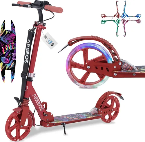 Arebos Tretroller Cityroller mit LED Reifen - Klassischer Roller für Kinder ab 6 Jahren, höhenverstellbar und klappbar. Mit LED-Reifen für mehr Sichtbarkeit und Sicherheit beim Fahren.