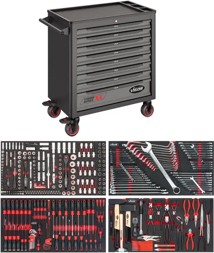 Vigor Werkzeugwagen Series XL V4542, 375-teilig - Werkstattwagen mit 375-teiligem Werkzeug-Sortiment, 8 Schubladen mit Zentralverriegelung, kugelgelagerten Teleskopschienen und abnehmbarer Arbeitsplatte. Ideal für effizientes Arbeiten in der Werkstatt.