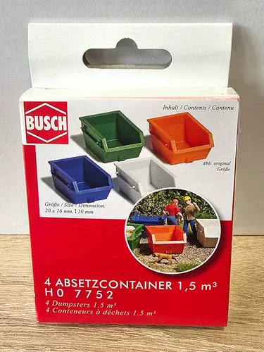 Busch Modelleisenbahn-Fertiggelände Busch 7752 H0 - 4 Absetzcontainer 1,5 m3 Fertigmodell, ideal für realistische Landschaftsgestaltung ab 15 Jahren