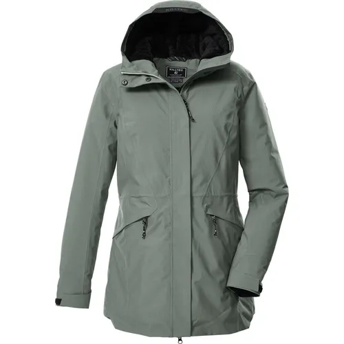 Killtec Parka KOW 19 WMN PRK - Funktionsjacke, wasserdicht und atmungsaktiv, ideal für Outdoor-Aktivitäten mit verstellbarer Kapuze in grau-grün.