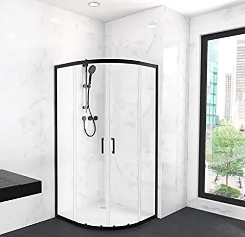 Marwell Factory Duschkabine 90x90 cm mit Schiebetür - Moderne Duschkabine mit rundem Design und stabilem 6 mm Einscheibensicherheitsglas. Hohe Qualität dank matt schwarzem Aluminiumrahmen und geräuscharmen Leichtlaufrollen.