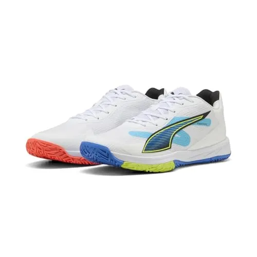 PUMA Unisex Accelerate Turbo 4 Game ON Hallenschuh, Weiß-Rot-Blau, 45.5 EU - Leichter Hallenschuh mit rutschfester Sohle für optimalen Halt und Komfort beim Spielen. Ideal für Indoor-Sportarten.
