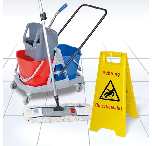 BRB-Lagertechnik Putzwagen Komplett-Set 8-teilig, Reinigungswagen mit 2 Eimern und Mopppresse