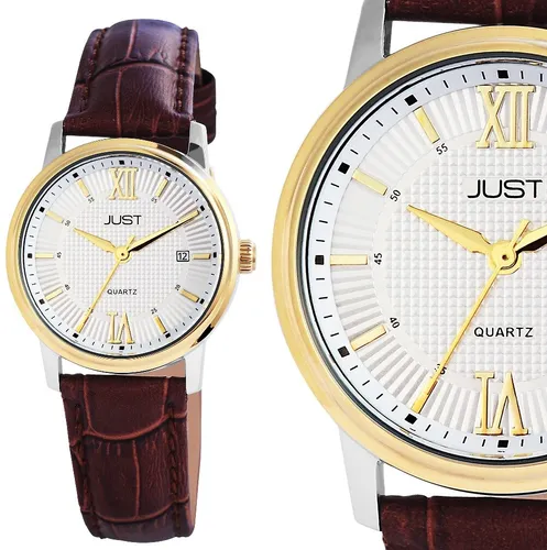 elegante Damenuhr Armbanduhr Braun Gelbgold Edelstahl Leder Datum JUST JU10115