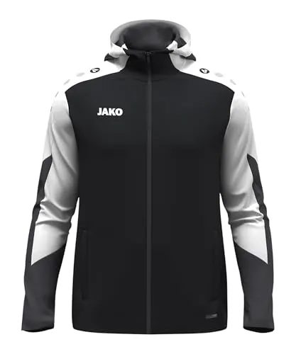 JAKO Kinder Kapuzenjacke Dynamic - Schwarz/Weiß/Anthrazit, Größe 128 - Funktionsjacken mit Keep Dry-Technologie für optimalen Tragekomfort bei Sport und Freizeit. Hochwertiges, recyceltes Material und praktische Reißverschlusstaschen sorgen für Stil und Funktionalität.