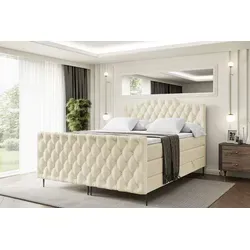 ALTDECOR Boxspringbett mit Schwarz Füßen, Matratze und Lattenrost, Topper, Fußteil, Polsterbett mit Bettkasten, Bett mit Stauraum H3- und H4- Ma... - Beige