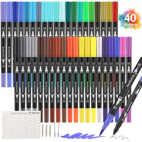 Peakness Dual Brush Pen, Filzstifte Set 40 Farben Aquarellstifte mit Zwei Spitzen für Bullet Journal, Handlettering, Malbücher, Kalligraphie Manga Tinte auf Wasserbasis Doppelfasermaler Stifte