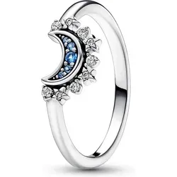 PANDORA Moments Himmlisch Funkelnder Blauer Mondring - Bead Charms für Damen, handveredelter Sterling-Silberring mit tiefblauem Pavé und funkelnden Sternen, symbolisiert Erleuchtung und Harmonie.