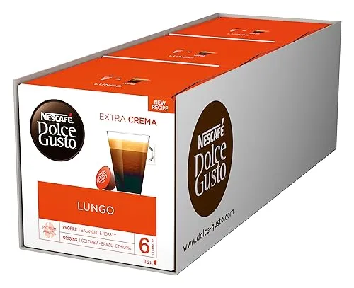 NESCAFÉ Dolce Gusto Lungo Kaffeekapseln (100 Prozent Arabica Bohnen, Feine Crema und kräftiges Aroma, Schnelle Zubereitung, Aromaversiegelte Kapseln), 3er Pack (3x16 Kapseln)