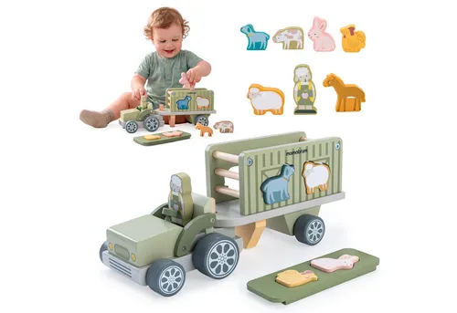 Mamabrum Holz Traktor mit Anhänger und Sortierspiel - Kreativer Spielspaß auf dem Bauernhof! Der Mamabrum Holz-Traktor mit abnehmbarem Anhänger kombiniert Rollenspiel und Lernspielzeug. Fördert spielerisch Formen und Motorik – ideal für Kinder ab 18 Monaten.
