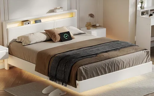 VASAGLE Polsterbett 160x200 cm mit LED - Stylisches Polsterbett mit schwebendem visuellen Effekt, hohem Kopfteil und integrierter Ladestation. Ideal für modernes Wohnen und hohe Belastbarkeit bis 455 kg.