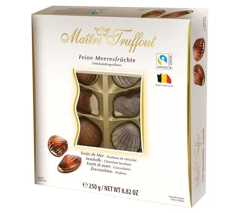 Maître Truffout Meeresfrüchte‑Pralinen 250 g – Premium Geschenkbox mit zartschmelzender Schokolade - Sortimentpackungen für Pralinen – Handgeformte Muscheln und Seepferdchen in hochwertiger Milch-, Weiß- & Zartbitterschokolade mit feiner Haselnusscreme für besonderen Genuss.