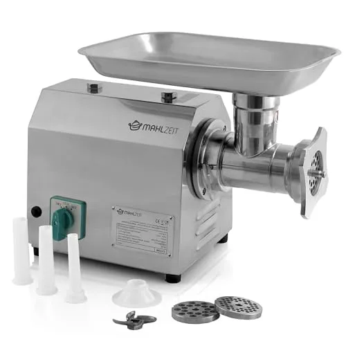 Mahlzeit Profi Edelstahl Fleischwolf elektrisch 750W - 150kg/h Wurstmaschine in Gastro Qualität, vielseitig für Hackfleisch, Burger und Wurstbrät