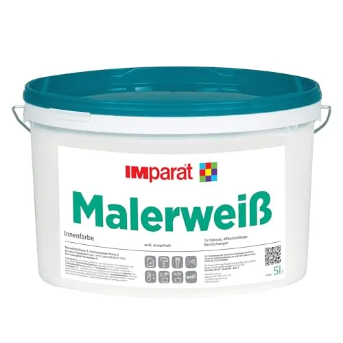 IMparat Malerweiß | Weiß, 5 Liter | matte Wandfarbe | atmungsaktiv| Innenfarbe | waschbeständige Wohnraumfarbe | hohe Deckkraft | ideale Renovierfarbe|sehr ergiebig |Profi-Qualität vom Hersteller