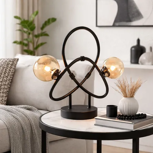 Retro LED Tischlampe Edison 2-flammig - Stilvolle Tischleuchte aus mattem Metall und amber Glas, inkl. 2x G9 LED Leuchtmittel für warmes Licht (3000K). Ideal für Wohnzimmer und gemütliche Atmosphäre.