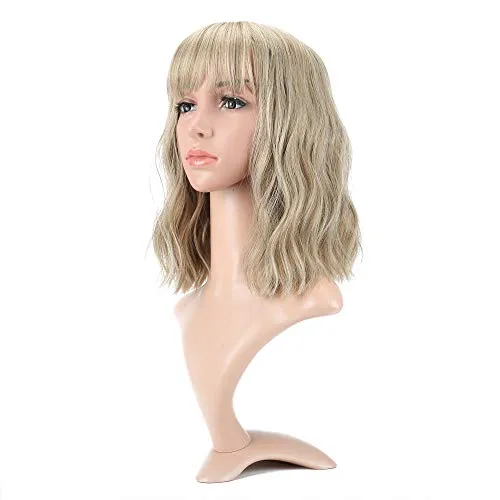 VCKOVCKO Natürliche blonde Perücken mit Luft-Pony für Frauen – schulterlange lockige, gewellte synthetische Perücke – Mix Blonde (30,5 cm)