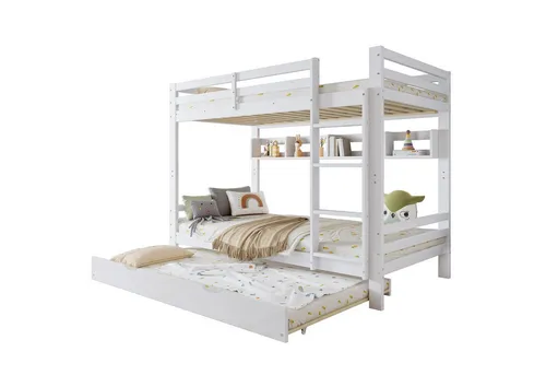 SOFTWEARY Etagenbett mit 2 Liegeflächen, Regal und Gästebett (90x200 cm, Umbaufähig zu 2 Einzelbetten), Kinderbett mit Rausfallschutz und Leiter, Kiefer