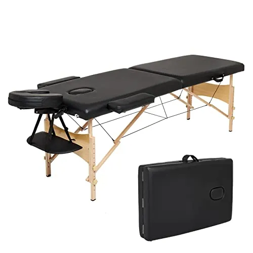 Mondeer Mobile Massageliege Klappbar 2 Zonen, Höhenverstellbar Zusammenklappbar Aus Holz Massagetisch, Für Behandlungssalon, Mit Kopfstütze, Armlehne, Schwarz