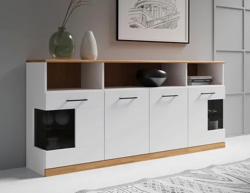 OTTO home Sideboard RIBE20 Fronten massiv,Korpus Melamin, 2 Türen mit Glaseinsatz, B/T/H: 180/35/80cm, schwarze Metall Griffe,2 Türen mit Glaseinsatz