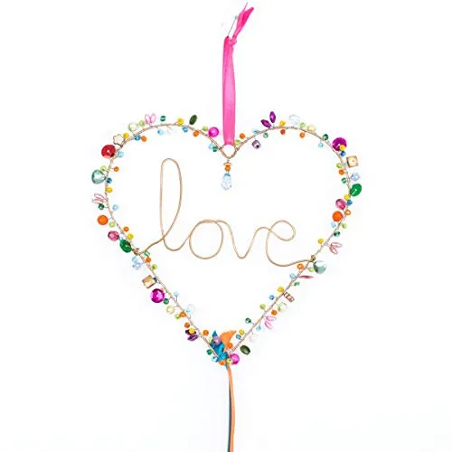 Overbeck and Friends - Dekoanhänger Love: Herz mit Schriftzug 'Love' aus Metall, mit bunten Perlen und Pailletten, 17 x 17 cm, Fensterdeko, Valentinstag