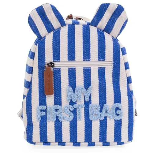 Childhome Kinderrucksack - Hellblau & Weiß - Kindertasche aus strapazierfähigem Textil, ideal für den Kindergarten mit EN 71 Zertifizierung für Sicherheit. Größe: 20x8x24 cm.