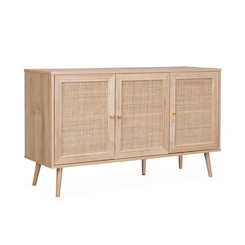 Sideboard mit Rattangeflecht 120 x 39 x 70 cm - Kommoden & Sideboards mit elegantem Retro-Design, 3 Türen und skandinavischen Möbelbeinen für stilvolle und funktionale Aufbewahrung.