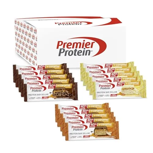 Premier Protein - Protein Bar Deluxe 40% - Multiflavourbox - 15x50g - LECKERE PROTEINRIEGEL FÜR JEDEN TAG: Genießen Sie unsere Riegel mit zarter Schokoladenkuvertüre und cremigem Karamell. Ideal als Snack für Sport, Arbeit oder Freizeit. Hoher Proteingehalt und weniger Zucker für bewussten Genuss.