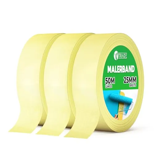 V1 TRADE Kreppband 25 mm x 50 m - 3 Stück - Universal Malerkrepp Hilfreich beim Malen - Leicht Abnehmbar Abklebeband - Malerband Wasserdicht - Klebeband Gelb