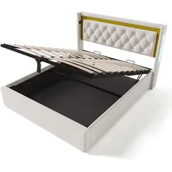 Redom Polsterbett Beige mit LED-Beleuchtung und USB-Anschlüssen - Stylisches Polsterbett mit modernem Design und praktischem Stauraum. Inklusive integrierter LED-Beleuchtung und USB-Anschlüssen für bequemes Laden. Ideal für Schlafzimmer und Jugendzimmer.