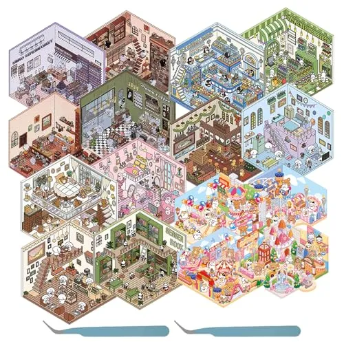 16Pcs DIY 3D House Stickers,3D Miniatur Haus Sticker,DIY-Aufkleber,Sticker Scenes Selbermachen von Supermarkt, Café, Restaurant für Erwachsene und Kinder (16pcs,C)