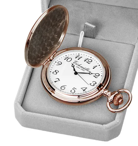 Eichmüller Taschenuhr Kupfer 45 mm Savonnette Quarz mit Kette und Box 3 Zeiger