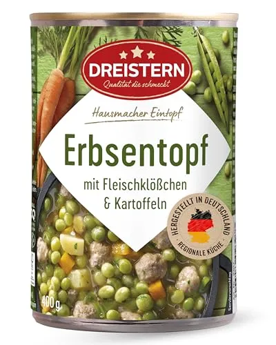 DREISTERN Erbsentopf 400g I Mit Fleischbällchen & Kartoffeln I Herzhafter Eintopf in recyclebarer Konservendose I Lange Haltbarkeit dank natürlicher Konservierung I Hausmacher Qualität