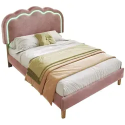 Polsterbett mit LED und verstellbarem Kopfteil – Jugendbett in Samt - Stylisches Einzelbett mit LED-Kopfteil und verstellbarem Kopfteil. Ideal für Schlafzimmer oder Gästezimmer. Das samtweiche Material sorgt für Komfort und eine einladende Atmosphäre.