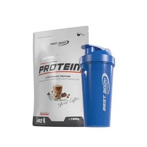 1kg Best Body Nutrition Gourmet 4 Komponenten Protein Eiweißshake - Set inkl. Protein Shaker/Gratiszugabe (Iced Coffee, Best Body Shaker - Blau)