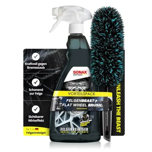 SONAX FelgenBeast Felgenreiniger 1L mit chemicalworkz Flat Wheel Brush | Felgenreiniger Set mit Mikrofaser Felgenbürste | 2-teilig