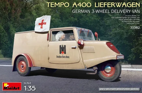 Miniart MA35382 1/35 Tempo A400 Lieferwagen Dreirad - 1:35 Bausatz des klassischen Tempo A400 Dreirads, ideal für Modellbau-Enthusiasten und Sammler.