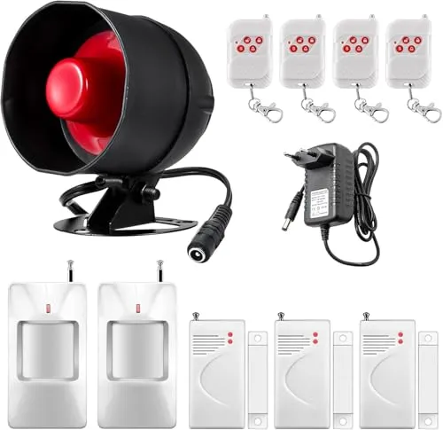 Alarmanlage Haus 11 Teiliges Set, Wohnung und Garage, 115 dB Sirene wetterfeste Sirene für den Innen und Außenbereich mit Fernbedienung und Türkontaktsensor, mit Bewegungssensor