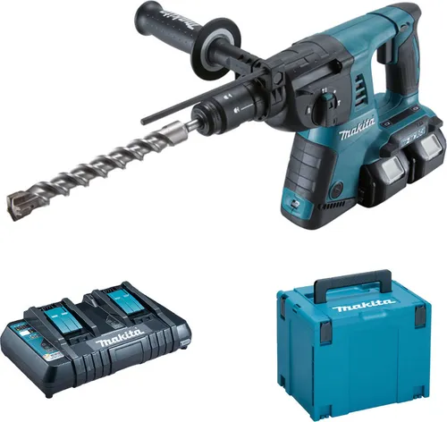 Makita DHR264PT2J Akku Bohrhammer 2x18V Li-Ion - Bohrmaschinen mit SDS-Plus Werkzeugaufnahme, 40-facher Meißelverstellung und 2x 5Ah Akkus. Ideal für Profis, inklusive LED-Arbeitslicht und im praktischen MAKPAC Transportkoffer.