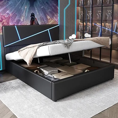 okwish Polsterbett 140x200 cm mit LED-Kopfteil - Stylisches Stauraumbett mit beeindruckendem LED-Kopfteil, ideal für modernes Wohnen und Gaming. Praktische hydraulische Funktion für einfachen Zugang zu verstecktem Stauraum.