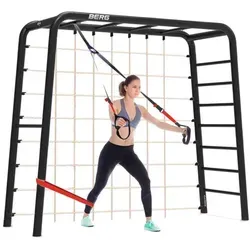 BERG PlayBase Medium TL Black mit Kletternetz und Widerstandsbändern - Turngerät für Kinder: BERG PlayBase Medium TL bietet vielfältige Spielmöglichkeiten im Freien, inklusive Kletternetz und Fitnesszubehör. Robuster Stahlrahmen und hohe Belastbarkeit von 400 kg.