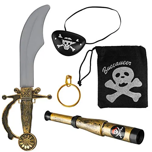 Balinco Piratenset 5-teilig bestehend aus Säbel + Augenklappe + Goldener Ohrring + Fernrohr + Totenkopfbeutel - Kostüm Set für Fasching/Karneval